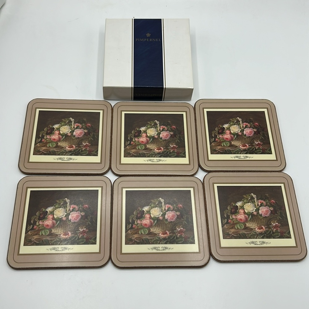 Vintage Pimpernel Rose Basket Coasters Set of 6, Cork Back, Made in England.